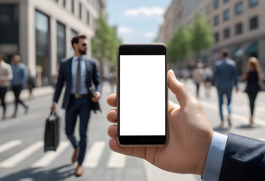 Persona caminando con un smartphone. Mano sujetando un smartphone mientras camina por la ciudad. Foto con espacio de copia. Hecho con IA.