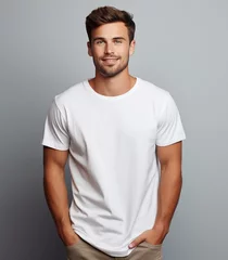 Tuinposter Young adult man wearing white shirt is standing smiling and looking camera  © theevening