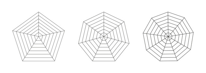 Radar, spider diagram templates. Spider mesh. Set of polygon graphs. Diagrams for statistic, analytic. Radar charts. Segmented grid. Coaching wheel life blank. Vector illustration.