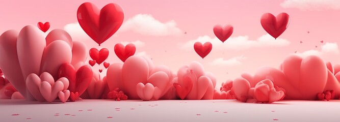 Valentines day background banner - abstract panorama background with red hearts - concept love, 3D Love, Valentine 3D Banner Background 