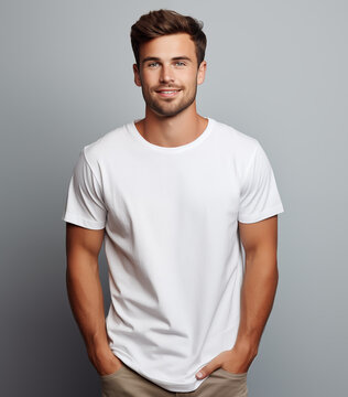 Fototapeta Young adult man wearing white shirt is standing smiling and looking camera 