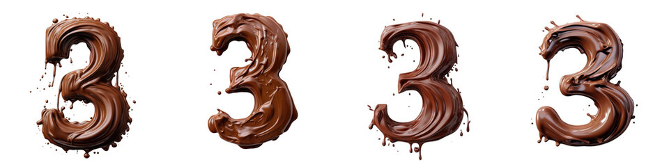 Chocolate colored number, logotype, number 3 , Three isolated on a transparent background