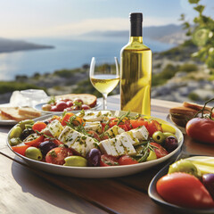 Fotografia con detalle de plato con ensalada mediterranea sobre mesa, con vino, y vistas naturales