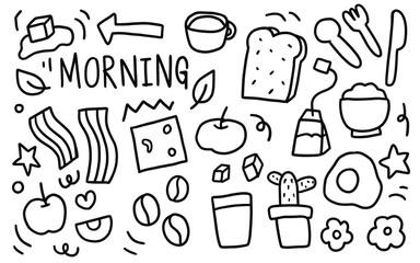hand drawn doodles vector. morning time breakfast