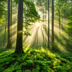 Forest with sunrise, sunbeams between the trees
