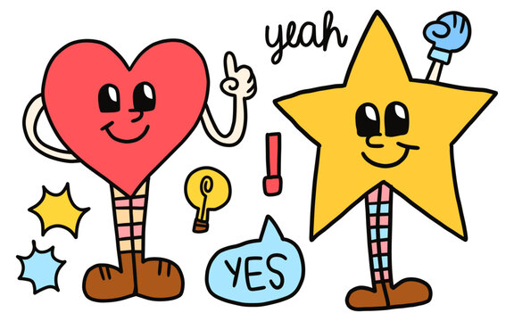 Heart and star character vector. retro character cartoon
