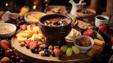 chocolate fondue pot with various fruits and treats surrounding it for dipping in the melted chocolate. - obrazy, fototapety, plakaty