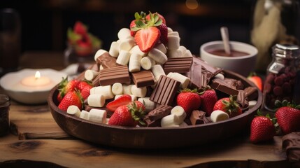 chocolate fountain surrounded by skewers of marshmallows, strawberries, and banana slices on a wooden skewer.