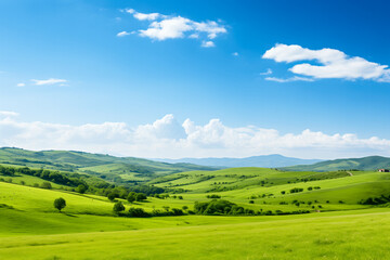 Irish Countryside Panorama, Verdant Hills and Clover Patches with Text Ready Clear Blue Sky