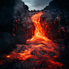 Fotografia con detalle de pequeña cascada de lava ardiente sobre terreno - obrazy, fototapety, plakaty