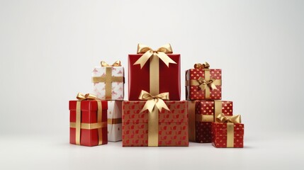 beautifully wrapped Christmas gift boxes isolated on a white background.