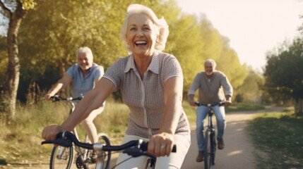 Cheerful active senior couple riding bicycles in a park, enjoying their fun and active lifestyle together