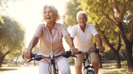 Cheerful senior couple riding bicycles in a park, enjoying active lifestyle.