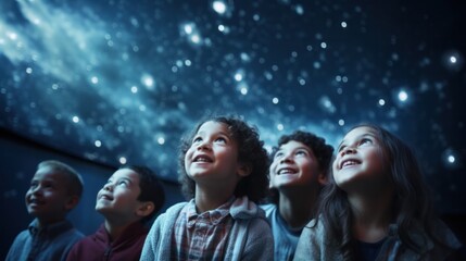 Children captivated by the breathtaking beauty of a starry planetarium ceiling. - obrazy, fototapety, plakaty