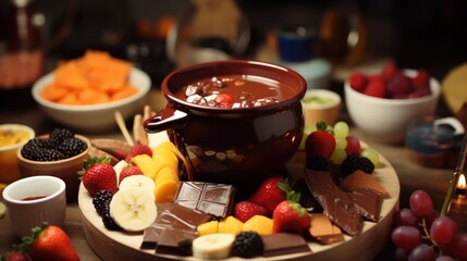 chocolate fondue pot with a plate of various fruits and treats surrounding it for dipping. - Powered by Adobe