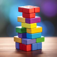 Fototapeta premium fotografia con detalle y textura de varias piezas de puzzle, de diferentes colores, apiladas, sobre fondo neutro