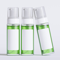 Glass bottle cosmetic rendering 3D software illustration with label and white color realistic texture