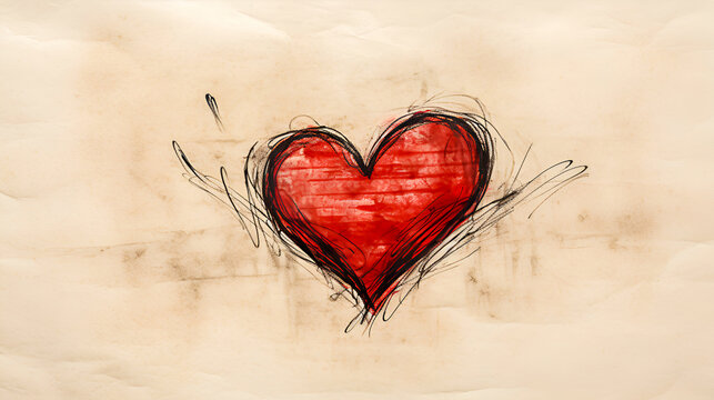 Charcoal sketch on old paper. Red heart for Valentine's Day in sketch style.