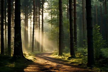Enchanting sunbeams illuminating a serene misty forest with mesmerizing sunlight rays