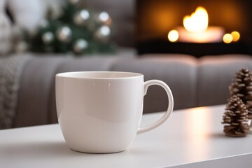 Fototapeta premium white mug mockup with cocoa hot winter drink in front of fireplace in minimal nordic scandinavian living room 