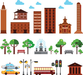 Cityscape illustration shows a cityscape in a style. The buildings are simple shapes with image is well-composed, with the buildings arranged in a balanced way.