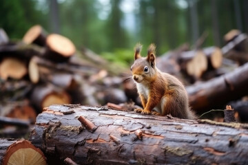 Naklejka na ściany i meble Cute little squirrel looking down at her ruined forest home that people have cut down. Felled forest, ecological catastrophe, deforestation.
