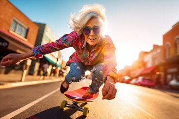 Dynamic grandmother riding a skateboard, high speed on asphalt urban road. Active senior lifestyle concept : Sunset of life in colors.