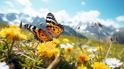 Beautiful closeup butterfly on alpine meadow on sunny day with wild flowers, butterflies and snowy mountain peaks - obrazy, fototapety, plakaty
