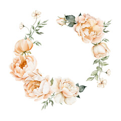 Watercolor floral wreath with gentle peach color peonies and white roses. Template for postcards, posters, banner, wedding invitations, anniversary. Place for the text. Hand drawn illustrations
