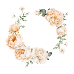 Foto op Plexiglas Watercolor floral wreath with gentle peach color peonies and white roses. Template for postcards, posters, banner, wedding invitations, anniversary. Place for the text. Hand drawn illustrations © zhenyapon@gmail.com