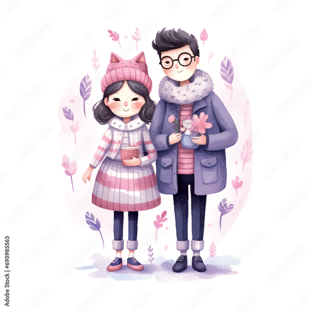 Wall mural a whimsical gouache adorable couple cat cute holding ring in hands clipart with gouache illustration