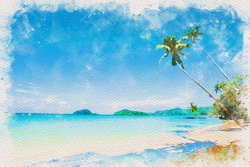 Digital watercolor of beautiful beach and cloudy sky. - obrazy, fototapety, plakaty