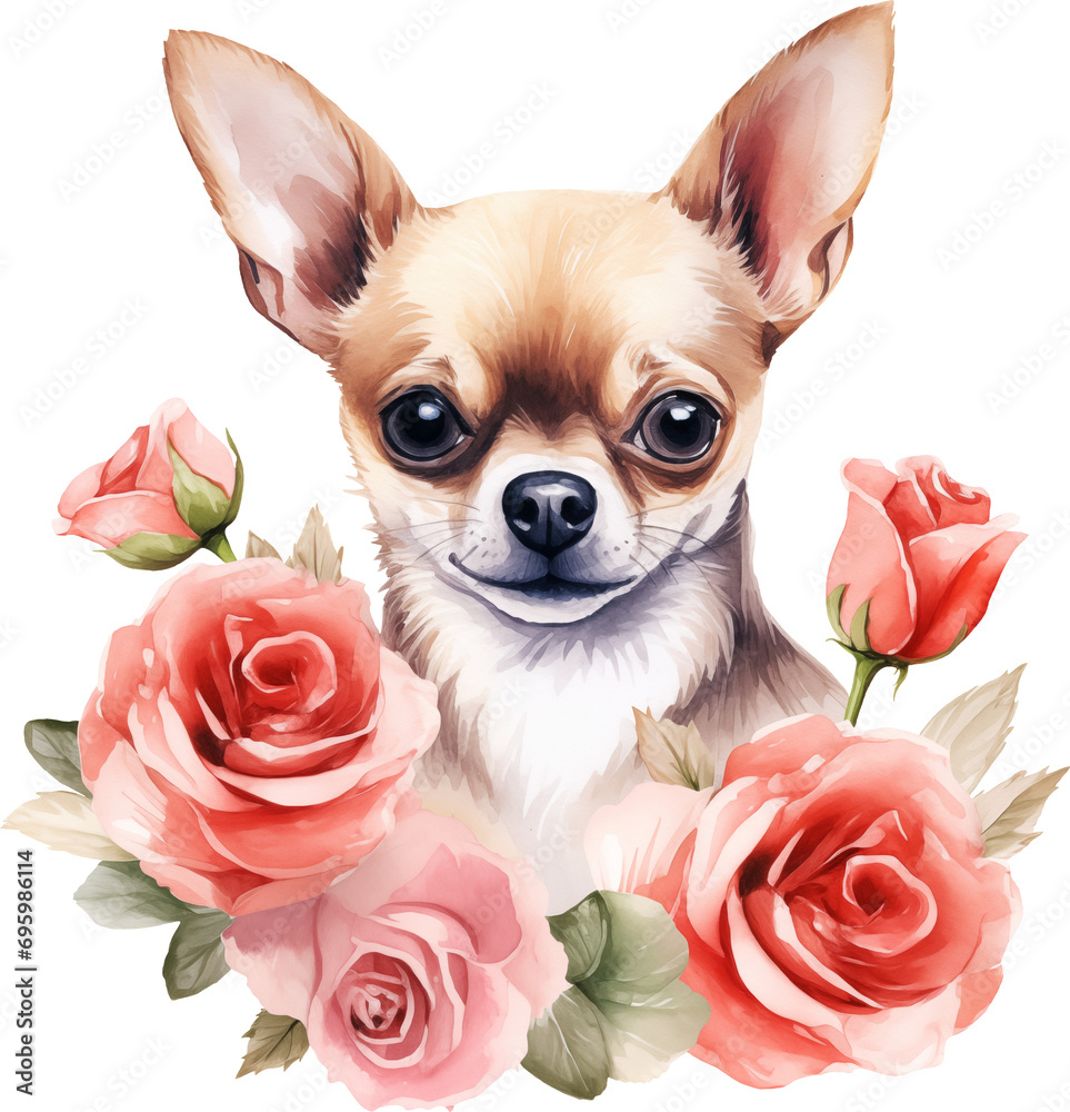 Poster cute chihuahua with flowers portrait illustration created with generative ai technology