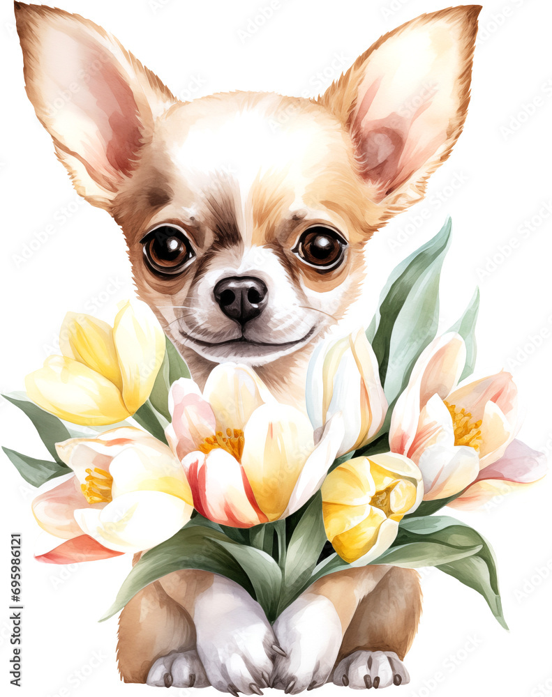 Poster cute chihuahua with flowers portrait illustration created with generative ai technology
