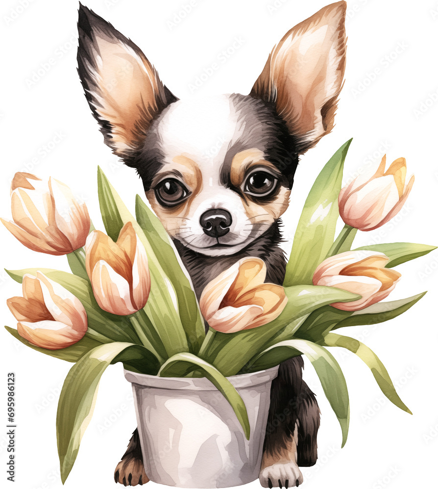 Poster cute chihuahua with flowers portrait illustration created with generative ai technology