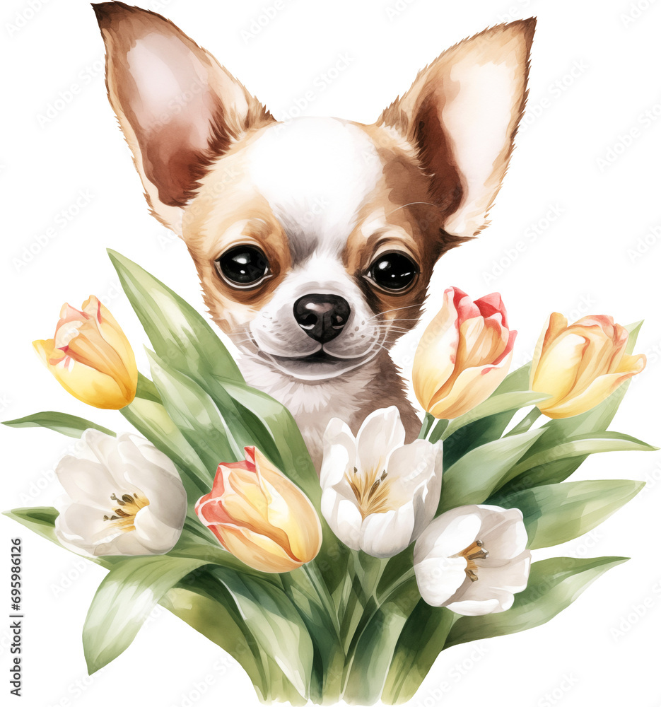 Poster cute chihuahua with flowers portrait illustration created with generative ai technology