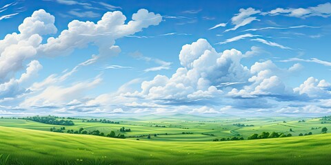 Obraz premium Landscape captures essence of vibrant summer day in countryside. Expansive field dressed in lush greenery stretches out under vast blue sky adorned with fluffy white clouds
