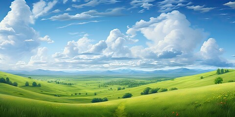Obraz premium Landscape captures essence of vibrant summer day in countryside. Expansive field dressed in lush greenery stretches out under vast blue sky adorned with fluffy white clouds