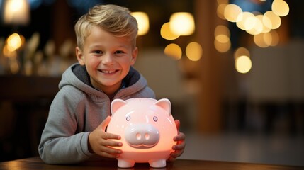 Child learns to save money with piggy bank at home
