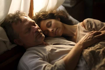 Foto op Canvas A middle-aged couple of a man and a woman sleeping on a bed. A tired couple. The problem with sleep. Insomnia. Sleep Quality © Alena