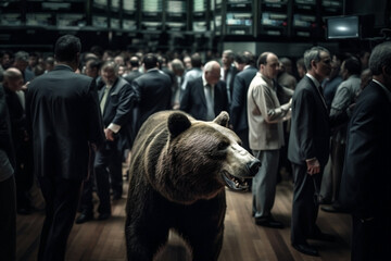 Bear Market. Stock Market Crash and Financial Crisis Conceptual image of a bear walking through the trading pit of a stock exchange. Recession and economy. Image made with Generative AI Technology - 695987369