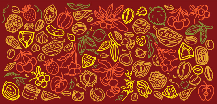Granola hand drawn vector set. Crunches. Oats with fruits, berries, nuts, cocoa, tasty cereal ingredients.	