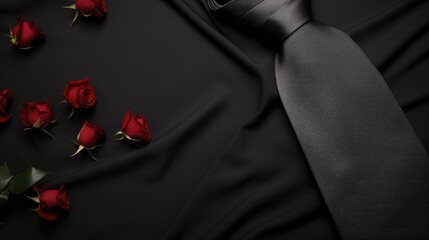 Red rose and black tie on black background
