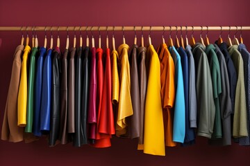Vibrant and fashionable clothing displayed on colorful clothing rack in a stylish closet