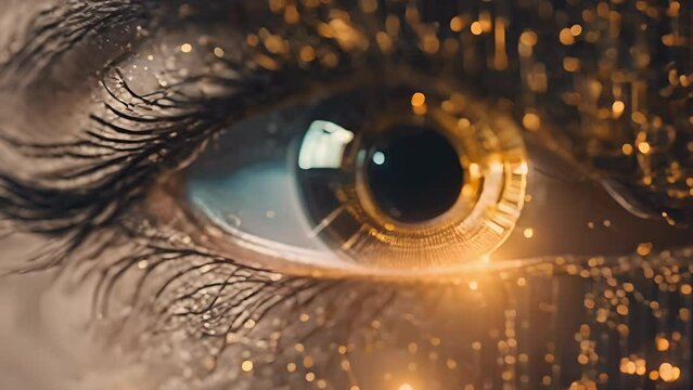 Golden and black lines form a three-dimensional model of the human futuristic eye. The concept of cyber human iris. 3D rendering of an animated abstract background. Digital technology network concept