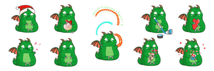 Set of vector illustrations of cartoon green dragon, Santa dinosaur, hockey player dragon, dragon in love, rainbow. 9 isolated characters. © hockey_mom