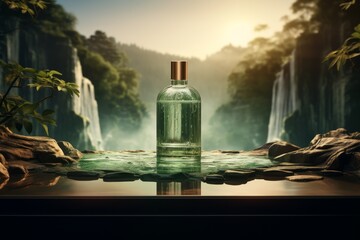 A transparent glass perfume bottle displayed on a background of  jungle and waterfall, Tropical rainforest valley landscape, 3d render illustration.