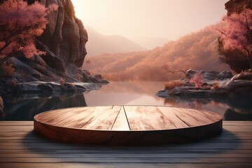 Wooden product display podium with jungle, mountain, and river background, 3d render illustration.

