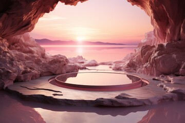 Round pedestal product display podium on the rock mountain cave, For product display, 3d render illustration.
