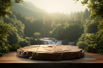 Wooden product display podium with jungle and waterfall background, Tropical rainforest valley landscape, 3d render illustration.